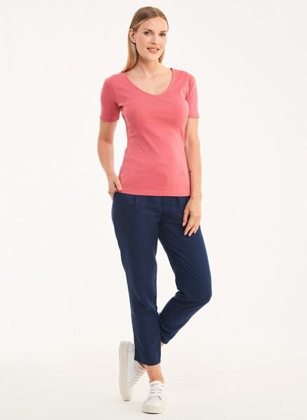 ORGANICATION Geripptes T-Shirt aus Bio-Baumwolle mit V-Ausschnitt