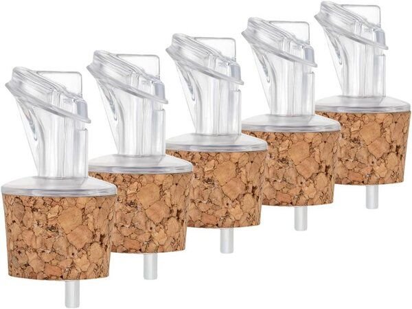Kork-Deko 5er-Pack Kunststoff-Ausgießer mit Kork-Stopfen | breit | geeignet für Öl, Essig, Spirituosen oder Liköre