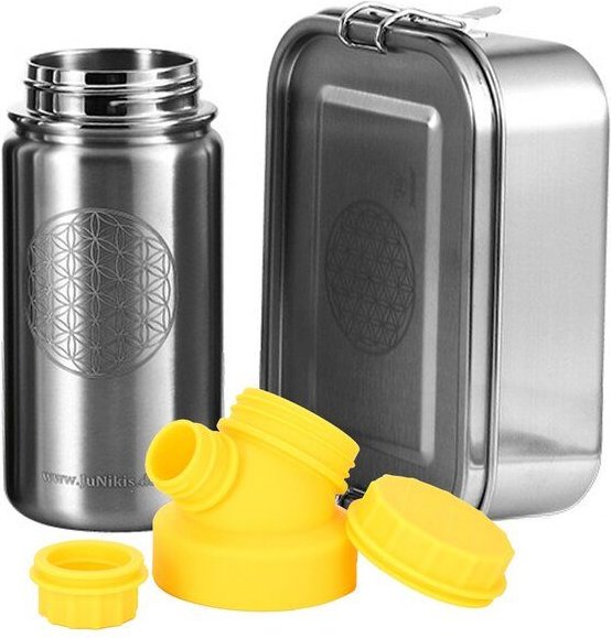 JN JuNiki's Einschulungs-Set "Blume des Lebens": Lunchbox + isolierte Edelstahltrinkflasche