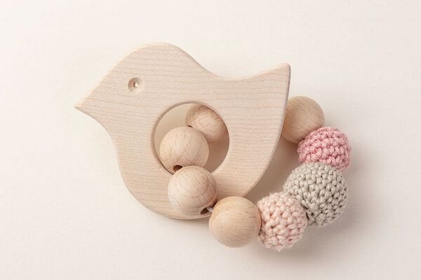 NoniKids Berlin Greifling Beißring Holz *Vogel* | Bio Baumwolle