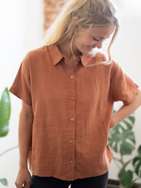 FUXBAU Frauen kurzarm Leinenbluse