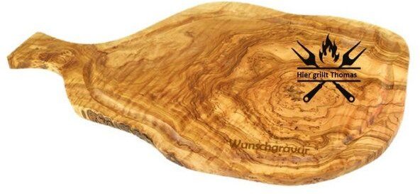 Olivenholz erleben Steakbrett mit Saftrille und Griff aus Olivenholz inklusive Große Gravur