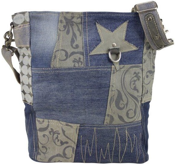 Sunsa Damen Umhängetasche in Patchwork Design. Nachhaltige Jeans Crossbody Bag