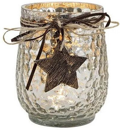 Mitienda Shop Windlicht aus silbernem Glas mit Holz Stern Anhänger