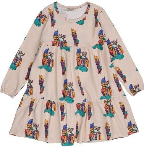 Cotokids Kinder Langarmkleid aus Baumwolle beige mit Water-Home-Motiv – Walkiddy