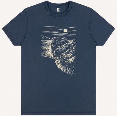 ilovemixtapes Unisex T-Shirt „Black Beach“ – Stone Washed Denim Blue, Bio-Baumwolle, Earth Positive