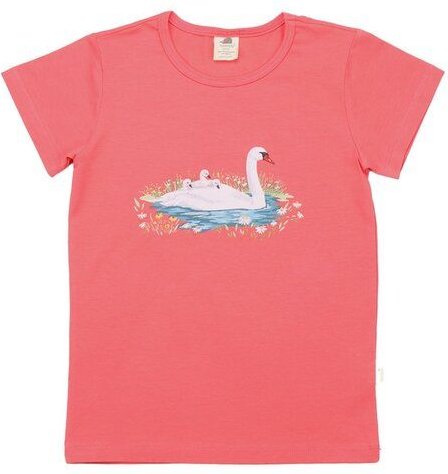 Kinder T-Shirt GOTS-zertifiziert aus Bio-Baumwolle, korallrosa mit Schwanenmotiv „Swans in Spring“, kurzarm – Walkiddy, ...