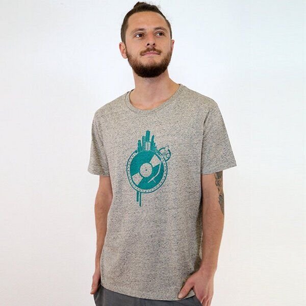 Spangeltangel T-Shirt "Weltscheibe", Herren, bedruckt, Siebdruck, Schallplatte und Erdkugel