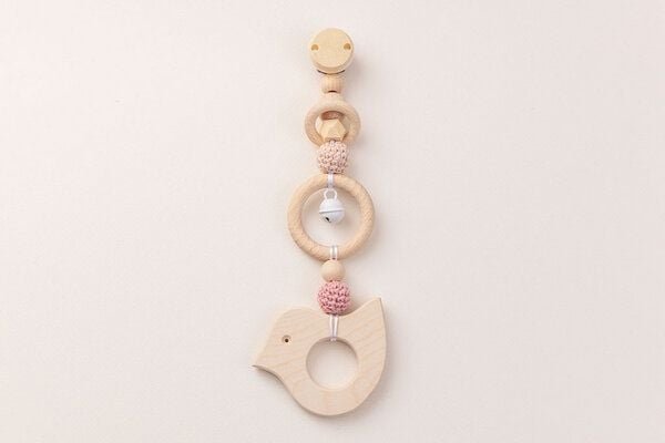 NoniKids Berlin Rasselclip Holz *Glocke Vogel* 3 Farben I Bio Baumwollgarn