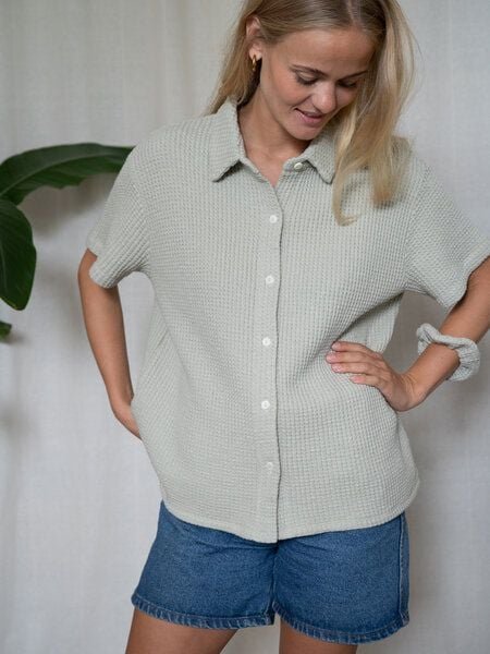 FUXBAU Frauen kurzarm Waffelstrick Bluse