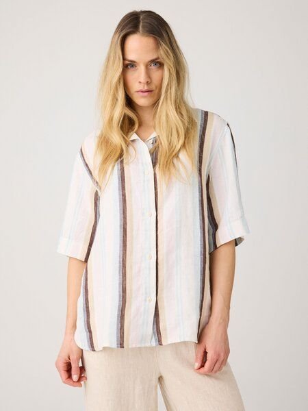 KnowledgeCotton Apparel Lockere Kurzarmbluse mit Streifen aus Bio-Leinen