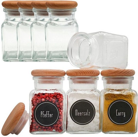 mikken Gewürzgläser 8er Set 150 ml eckig - aus Glas mit 24 Gewürzetiketten