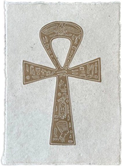 Veskor Cassiopeia ANKH ägyptisches Kreuz Linoldruck | 21,5 x 30,5 cm | Gold auf Naturweiß
