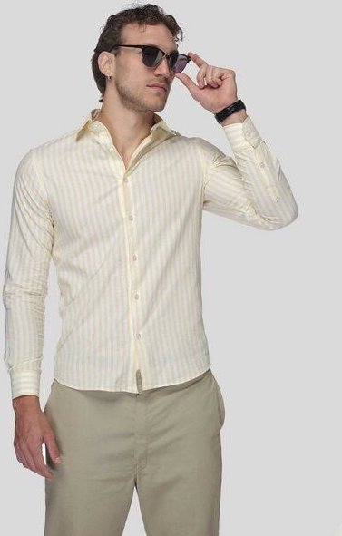 De IONESCU 100% Leinen Shirt Herren Langarm Hemd mit Streifen, Regular Fit, Oxford-Kragen