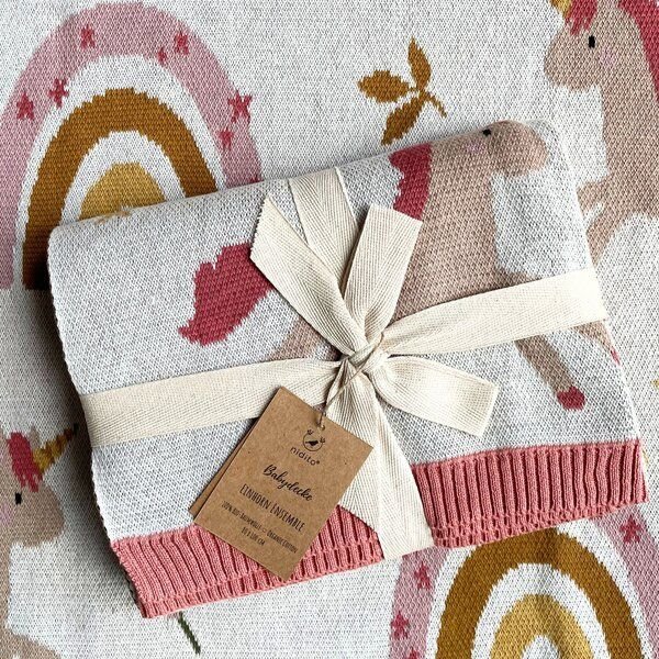 nidito Bio Babydecke Baumwolle Einhorn Regenbogen - 80x100 cm - 100% Bio-Baumwolle - Beige Rosa