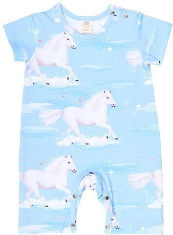 Baby Kurzarm-Strampler GOTS zertifiziert – Bio-Baumwolle, Hellblau mit Pferdemotiv, weich & bequem, alltagstauglich | Wa...