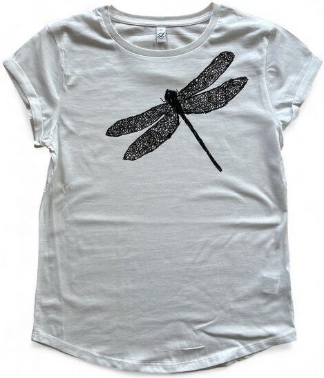 ilovemixtapes Damen Bio T-Shirt „Libelle“ – handgezeichnet & handbedruckt | Weiß | fair, vegan & nachhaltig