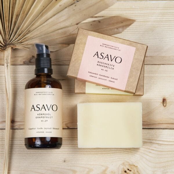 ASAVO Geschenkset - 1 x Körperöl Grapefruit, 1 x Duschseife Zitrone, 1 x Duschseife Kokosmilch
