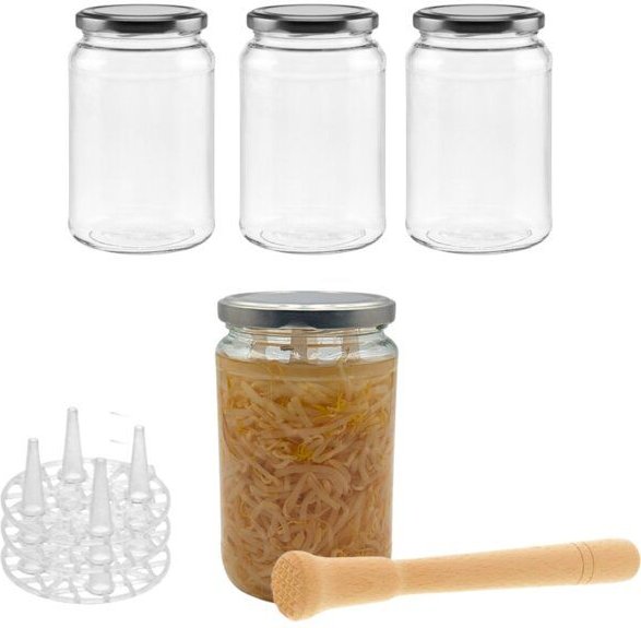 mikken Fermentier Set - 4 x Fermentierglas mit Fermentier Gitter, Holzstößel und Deckel PVC-frei