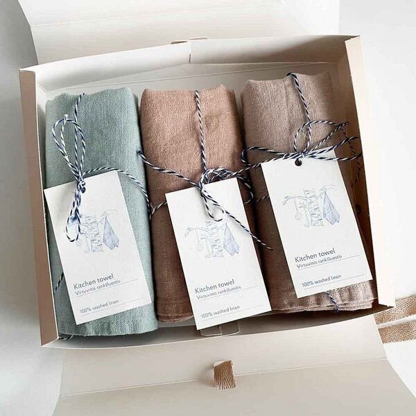 nordery Geschenkbox mit 3 hochwertigen Geschirrtüchern aus 100% europäischen Leinen