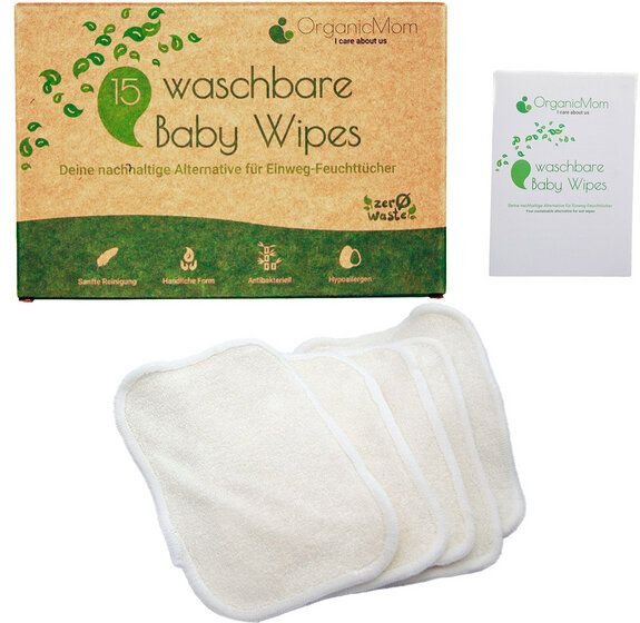 OrganicMom® 15 waschbare Babywaschlappen aus Bambus inkl. Wäschenetz, antibakteriell
