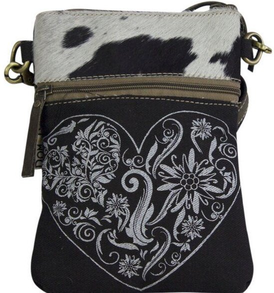Domelo kleine Umhängetasche. Beidseitig tragbare Canvas/ Kuhfell Trachtentasche, Herz/Edelweis-Motiv