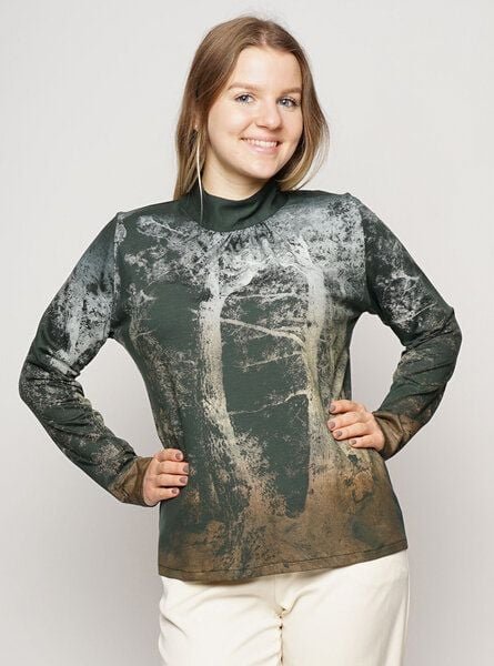 Peaces.bio - handbedruckte Biomode TENCEL Stehkragenbluse Eichentraum in Tannengrün
