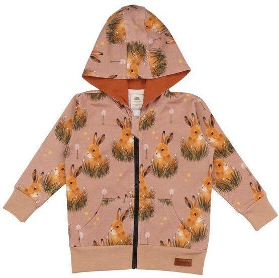 Kinder Kapuzenjacke GOTS zertifiziert, rosa, Hasen-Allover „Pretty Bunnies“, Reißverschluss, weich – Walkiddy