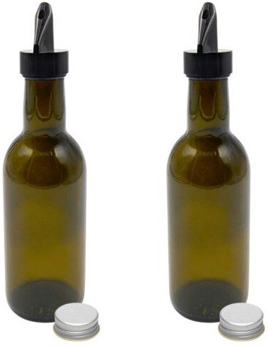 mikken 2 Ölflaschen 250 ml mit Ausgießer braune / grüne Glasflasche mit Dosierer + Schraubdeckel und 2 Etiketten