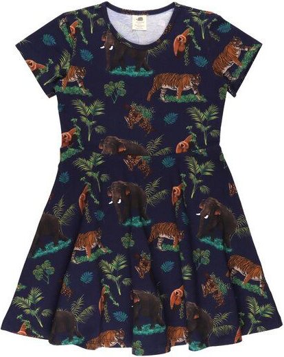 Mädchen Skaterkleid GOTS zertifiziert – Bio-Baumwolle, Dunkelblau mit tropischem Muster, Kurzarm, bequem | Walkiddy