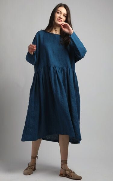 KNOTIUM EIRA Voluminöses Smock-Leinenkleid
