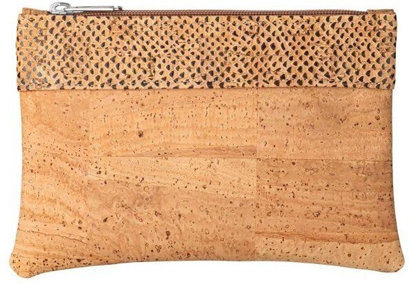 Kork-Deko Kleine Kork-Tasche / kleine Clutch / Etui / großes Portemonnaie, beige mit Snake Print-Absetzung