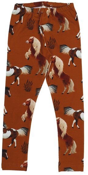 Kinder Leggings GOTS-zertifiziert aus Bio-Baumwolle, braun mit Pferde-Print, elastischer Bund – Walkiddy, weich & bequem...