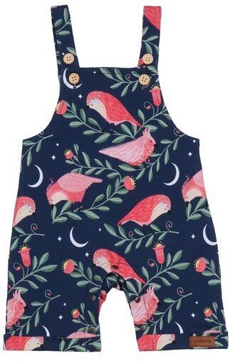 Baby Latzstrampler GOTS zertifiziert, dunkelblau, Vogel-Allover „Pinky Birds“, weich – Walkiddy
