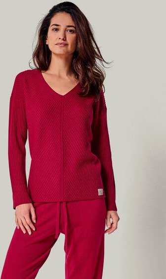 YOU LOOK PERFECT 100% Merino Rippen-Strickpullover mit V-Ausschnitt "Blossom"