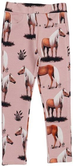 Thumbnail - Kinder Sweat-Leggings GOTS-zertifiziert aus Bio-Baumwolle, rosé mit Pferde-Print, elastischer Bund – Walkiddy, weich & b...