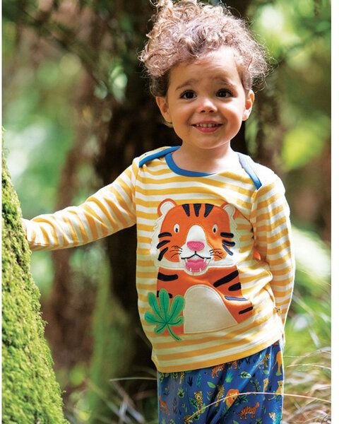 Frugi Langarm-Shirt Tiger gelb-weiß gestreift Bobby Applique Top Tiger