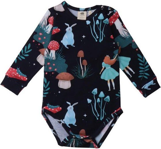 Baby Langarmbody GOTS-zertifiziert aus Bio-Baumwolle, dunkelblau mit Wonderland-Motiv – Walkiddy, weicher Jersey, druckk...