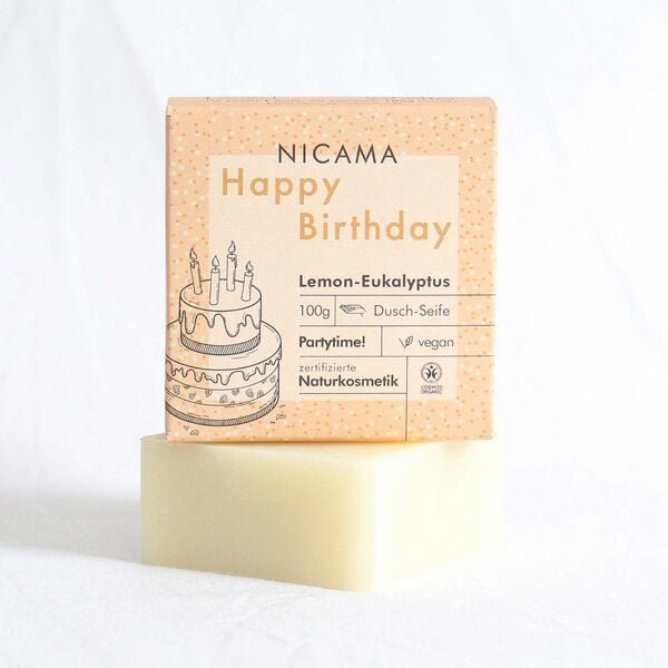 Thumbnail - NICAMA Happy Birthday Geburtstags-Seife - Lemon-Eukalyptus - plastikfrei, vegan, bio - Perfektes Geschenk