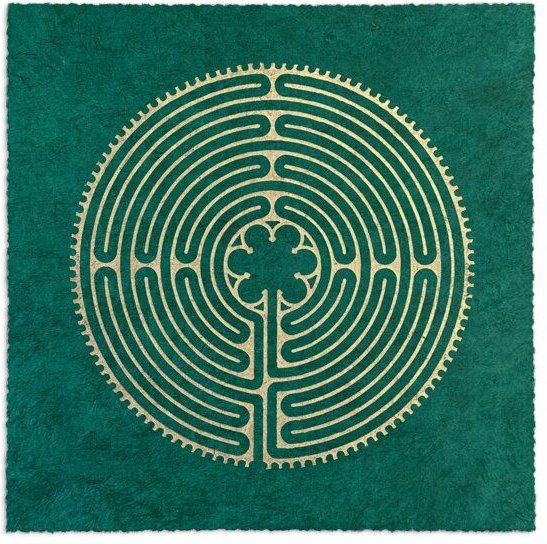 Veskor Cassiopeia LABYRINTH VON CHARTRES der Kathedrale Notre-Dame Linoldruck | 22 × 22 cm | Smaragdgrün