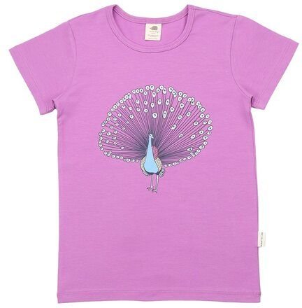 Kinder T-Shirt GOTS-zertifiziert aus Bio-Baumwolle lila mit Pfauen-Motiv – Walkiddy