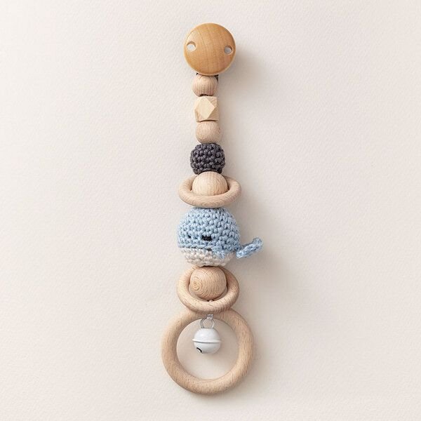 NoniKids Berlin Rasselclip Holz *Glocke Wal* 6 Farben I Bio Baumwollgarn