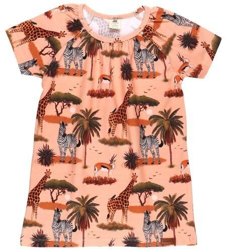 Kinder Tunika GOTS zertifiziert – 95% Bio-Baumwolle, Orange mit Savannenmotiv, 5% Elasthan, Kurzarm, weich | Walkiddy