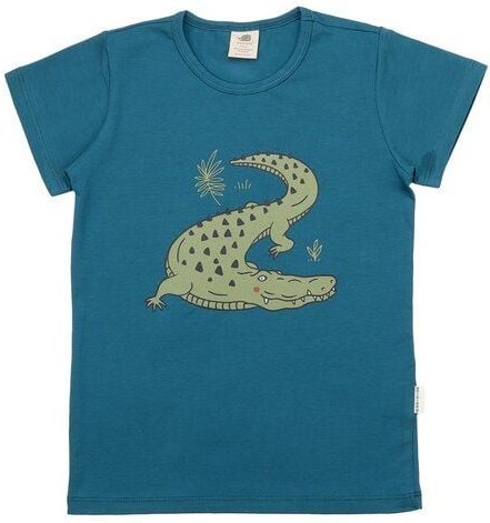 Kinder T-Shirt GOTS-zertifiziert aus Bio-Baumwolle petrolblau mit Krokodil-Motiv – Walkiddy