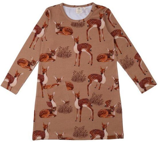 Baby Tunika GOTS zertifiziert, braun, Hirsch-Allover, Langarm, Bio-Baumwolle, weich – Walkiddy