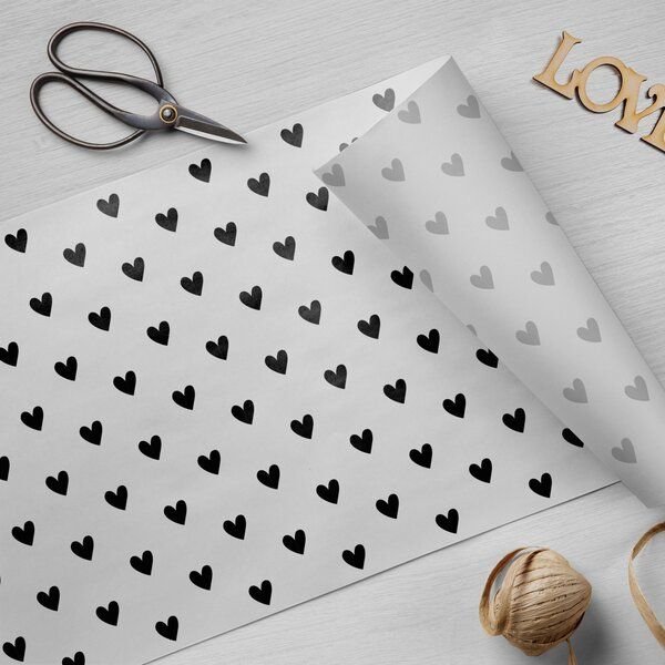 Fines Papeterie 10m Seidenpapier HERZEN * weiß mit schwarzen Herzen * auf Rolle * Geschenkpapier * Packseide