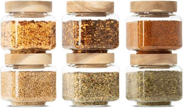 Econovo Gewürzgläser mit Holzdeckel | 220ml (Set 6-tlg.) | Kollektion Eckig