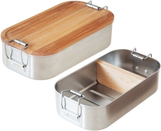 Cameleon Pack EDELSTAHL Lunchbox mit Deckel und Trennsteg aus heimischem Buchen Holz