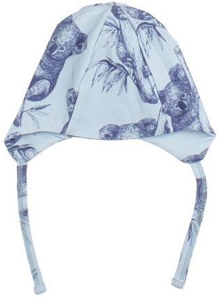 Baby Mütze GOTS zertifiziert Bio-Baumwolle 95/5 Elasthan Blau Koala-Print Bindebänder weich – Walkiddy