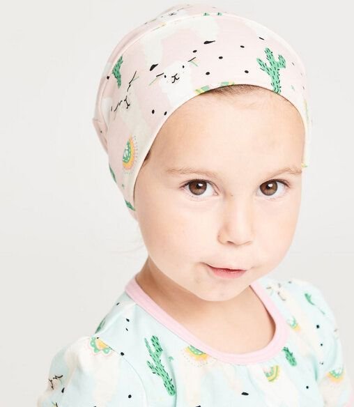 Cheeky Apple Gefütterte Baby-Haube aus Bio-Baumwolle "Alpakas" Türkis/Rosa